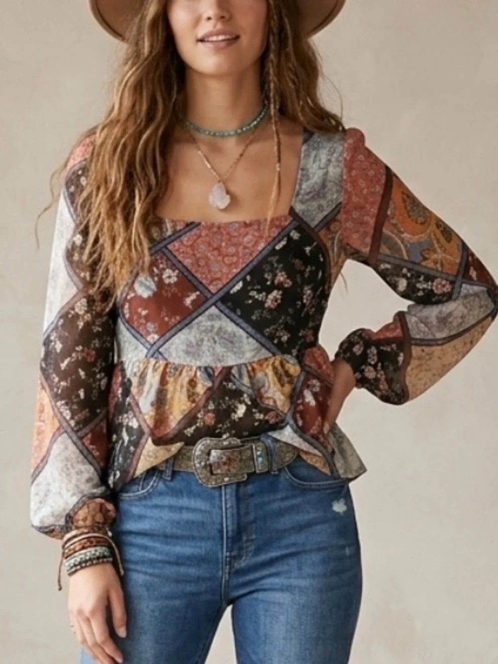 American Eagle Outfitters Patchwork Peasant Top - Picture 1 of 8